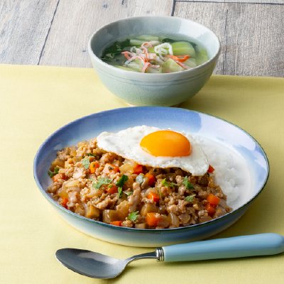 しそ香る和風ガパオライス・かにかまとキャベツのスープ